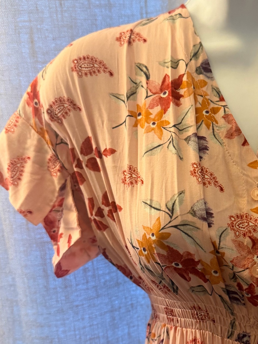 Jaase Dress Women's Peach Floral Short Sleeve Long Dress Sz Large